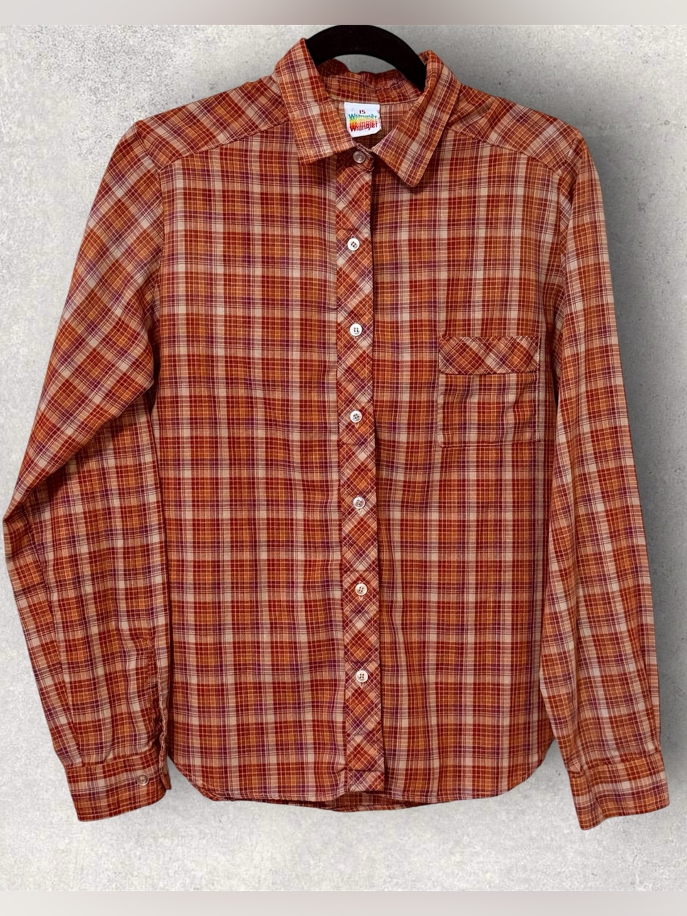 Vintage 70s Wrangler Stacked Rainbow Tag Juniors Button Down Plaid Shirt Size 15